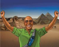 Senior African Amercan man stands in front of the Great Pyramids of Egypt with his hands held high in triumph.